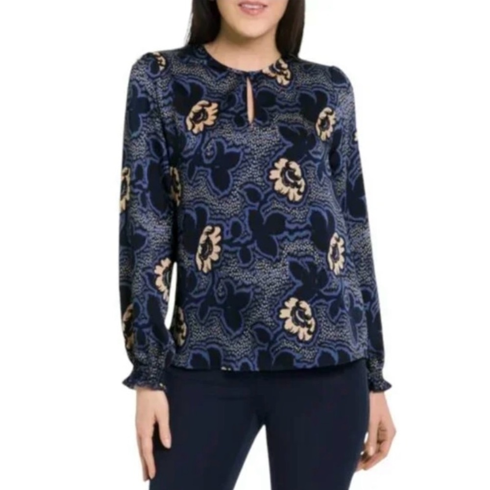 Ted Baker NWT Blue/Creme Floral Flowy Relaxed Fit Long Sleeve Blouse Size Medium